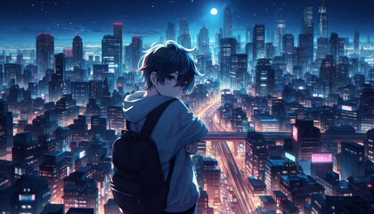 Anime cityscape at night: A moody 4K wallpaper of a cute boy embracing the urban night, person in the night