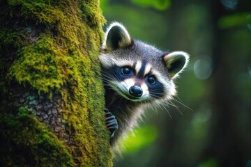 Sticker - A raccoon peeks from behind a moss-covered tree in a lush, green forest. The atmosphere is serene and natural.