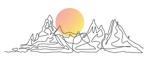 Wall Mural - Mountain with sun landscape continuous one line style