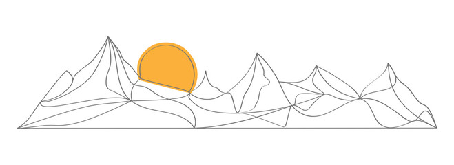 Mountain with sun landscape continuous one line style