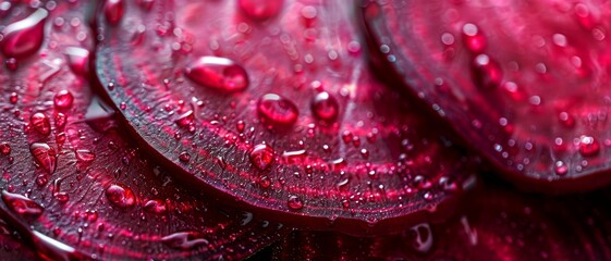 Close-up of fresh beet slices with glistening water droplets, highlighting their vibrant red color and detailed texture.