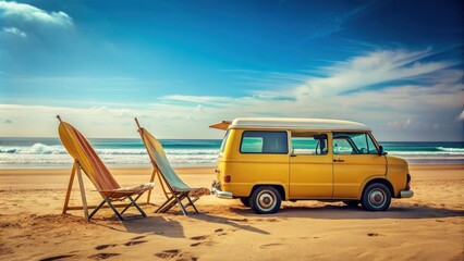 Wall Mural - Yellow van parked on a sandy beach with surfboards and beach chairs , van, yellow, beach, summer, accessories, surfboards