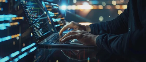 Wall Mural - hands in focused activity over multiple computer screens displaying rapid lines of code, capturing t