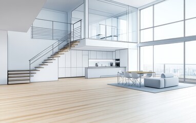 Wall Mural - An interior design concept drawing of a modern loft apartment with white walls