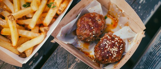 Close-up of a delicious meal with crispy fries and two juicy, sesame-topped meatballs in a paper tray, enticing with rich, savory flavors.