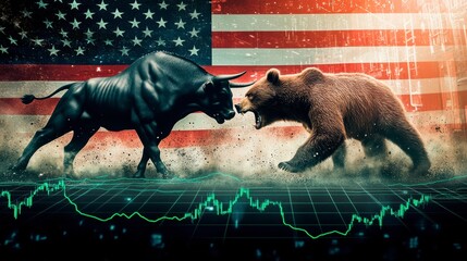 a bull and a bear fight against a stock market chart and an american flag.