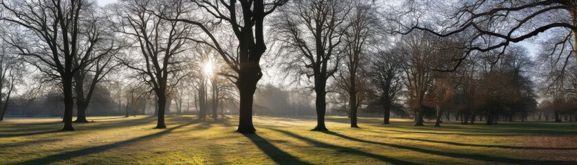 Sticker - A serene park in winter with sun shining through bare trees, casting long shadows on the frosted ground.