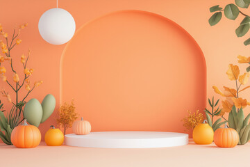 3d render halloween background podium with pumpkin and dark arch for product presentation on orange 