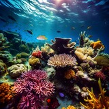 Fototapeta Do akwarium - Underwater view of coral reef with tropical fish and corals.