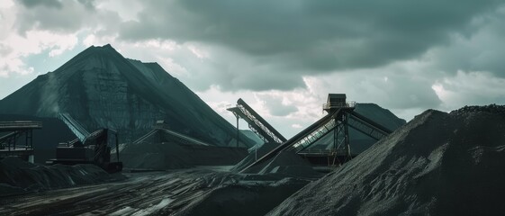 Industrial scene of a mining facility with conveyor belts, large mounds of earth, and dramatic overcast sky.