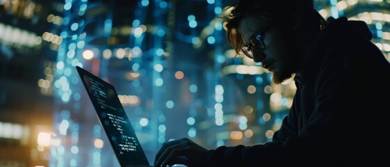 Wall Mural - a concentrated individual works on a laptop against a cityscape backdrop illuminated by blue lights,