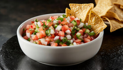 Fresh homemade pico de gallo salsa with crispy tortilla chips