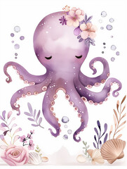 Wall Mural - tender octopus in watercolor, ideal for children's illustration