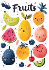 Canvas Print - set of tender fruits and vegetables, in watercolor, ideal for children's teaching