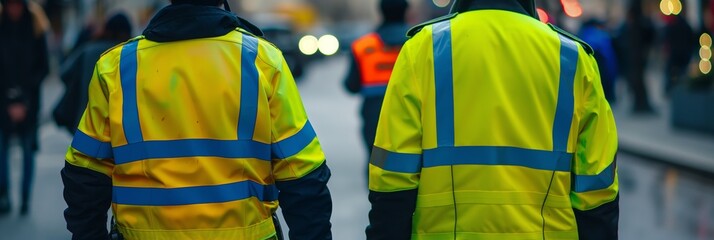 Two individuals wearing high-visibility jackets in an urban setting, possibly involved in a public service or safety-related task, seen from behind.