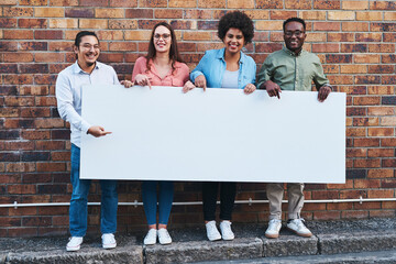 Sticker - Advertising, portrait and space on poster of people outdoor on city street together with brick wall background. Business, diversity or mockup on banner for marketing with man and woman employee group