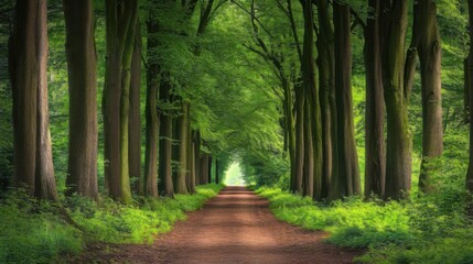 Canvas Print - A tranquil path surrounded by tall trees and lush greenery, leading into the distance.