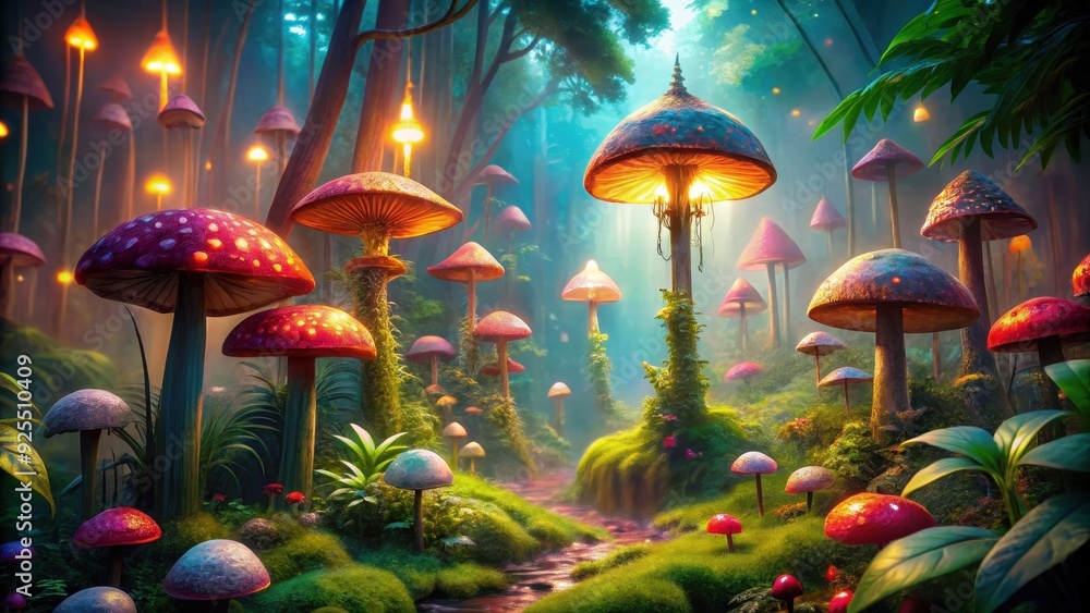 Fantasy 4K wallpaper featuring vibrant mushroom lights in a lush jungle ...