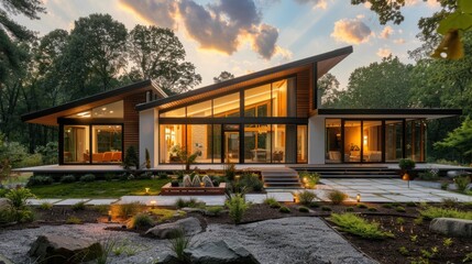 Sticker - Modern House with a Garden and Large Windows