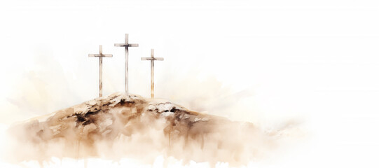 Wall Mural - Easter Scene with Three Crosses Brush Painted Watercolor Illustration