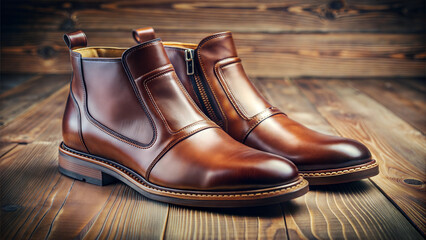 Close-up of stylish brown leather ankle boots with detailed stitching, warm wooden floor background, photorealistic focus on fashion and quality