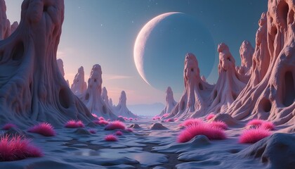 Wall Mural - A surreal landscape with pink rocky formations, a crescent moon in the sky, and a body of water reflecting the scene