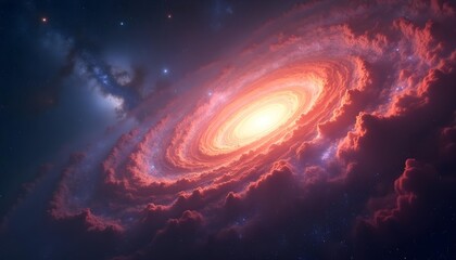 Wall Mural - A massive spiral galaxy with a bright, fiery core surrounded by swirling clouds of gas and dust in a dark, starry night sky