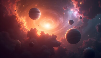 Wall Mural - Colorful cosmic landscape with planets, stars, and nebulae in the background