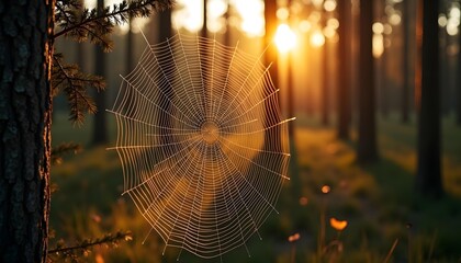 A spider web with dew drops, backlit by the warm glow of the setting sun in a forest