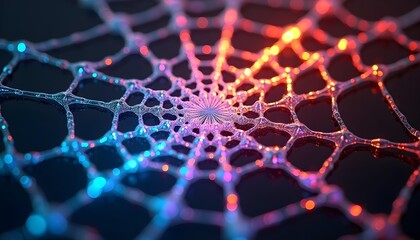 Wall Mural - A colorful, abstract spider web with intricate patterns and vibrant colors, including shades of red, blue, and yellow