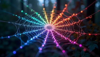 Wall Mural - A colorful spider web with glowing strands in various hues of blue, purple, and orange against a dark background