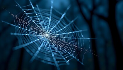 A close-up view of a spider web with water droplets, against a dark blue background
