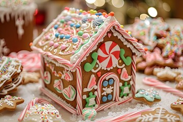 Canvas Print - A close up of a gingerbread house decorated with colorful icing and candy, surrounded by snowflake cookies and candy canes