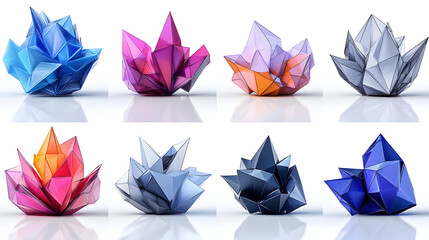 Sticker - Colorful geometric shapes resembling crystals or abstract sculptures.