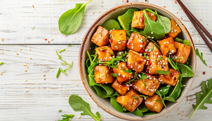 Stir fried tofu in a bowl with sesame and greens on light wooden table, copy space for text