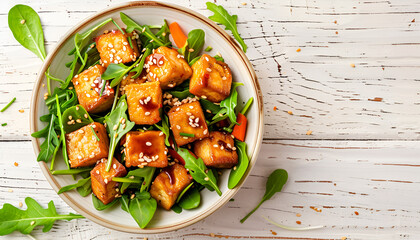 Stir fried tofu in a bowl with sesame and greens on light wooden table, copy space for text