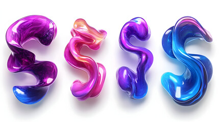 Poster - Four colorful abstract shapes in S form with iridescent texture isolated on white background.