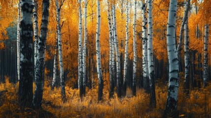 Wall Mural - A scenic view of a birch forest during autumn with vibrant orange foliage and white bark.