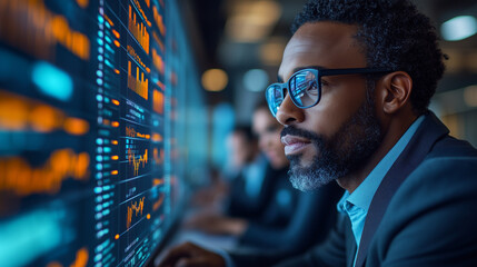 A diverse team of office workers sitting in front of a computer, analyzing data and making strategic business decisions.