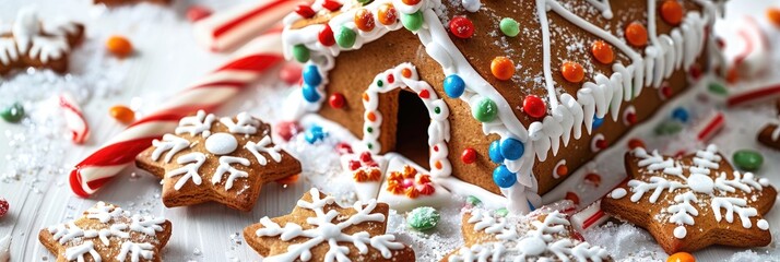 Wall Mural - A close up of a gingerbread house decorated with colorful icing and candy, surrounded by snowflake cookies and candy canes