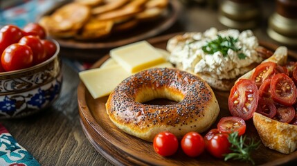 Delectable traditional Turkish breakfast consisting of Turkish bagel (simit) accompanied by wooden plate servings of cheese, tomatoes, and olives.