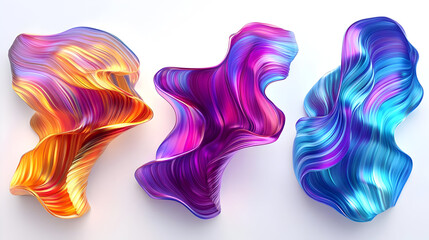 Poster - Three abstract, iridescent, and wavy shapes in pink, purple, blue, and gold colors on a white background.