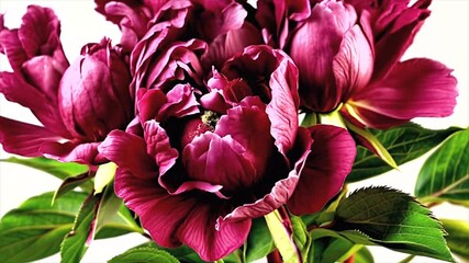 Wall Mural - Pink red peony flowers opening from a closed bud to a full blossom. Slow motion. Time-lapse