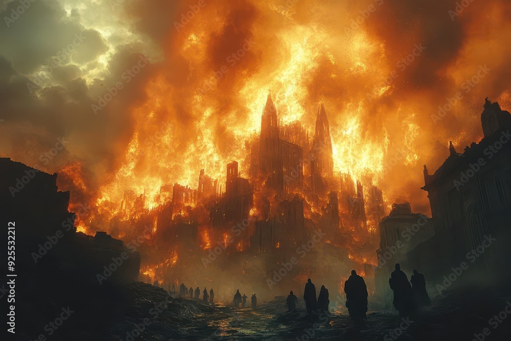 biblical city engulfed in ethereal flames and raining sulfur crumbling ...