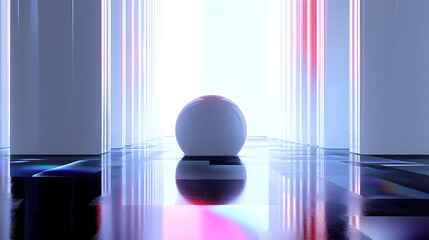 White sphere on a reflective surface in an abstract futuristic setting.