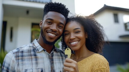 Wall Mural - diverse couple with house keys proud homeowners suburban dream realized