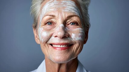 Wall Mural - An elderly woman smiles joyfully as she applies a soothing mask, embracing self-care and relaxation in a tranquil environment