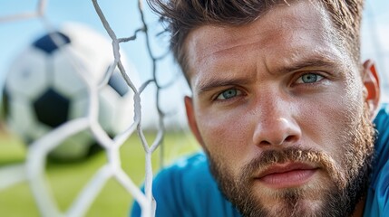 An intense close-up of a bearded soccer player in a blue jersey, standing in front of a goal net with a soccer ball in the background on a sunny day.