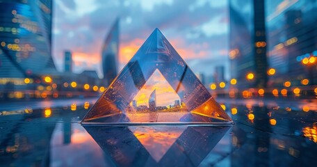 Wall Mural - Glass pyramid with a reflection of a blurred sunset city lights in it on a reflective surface with a blurry background.