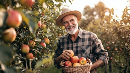 A farmer gathering  harvesting apples Generative AI